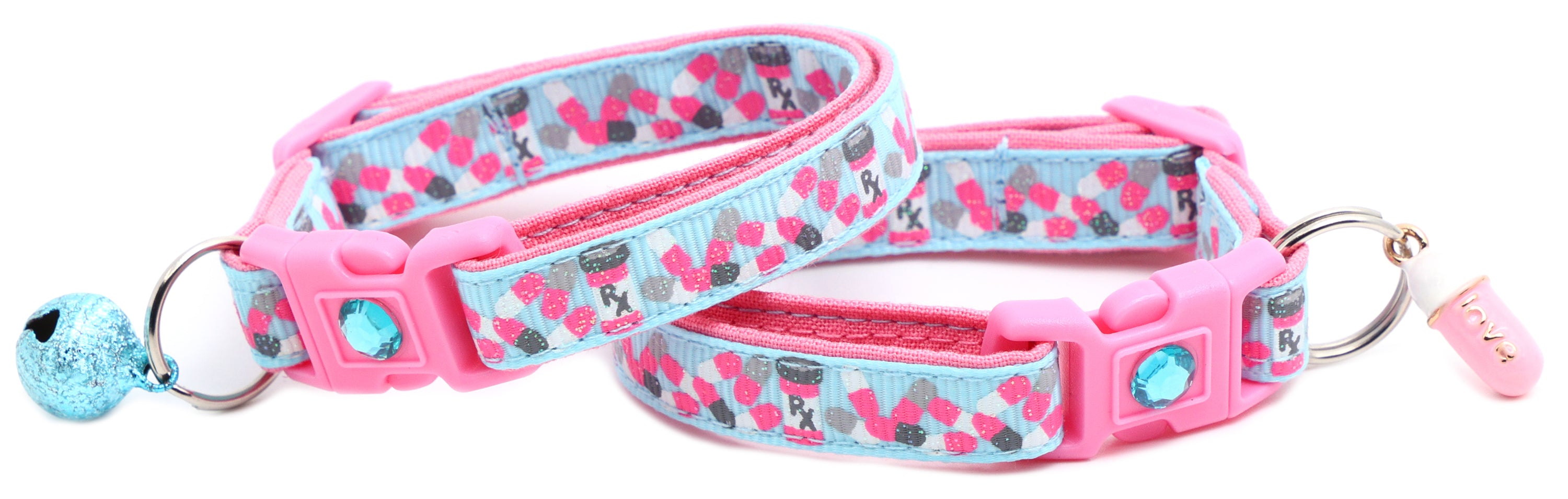 Handmade Pills Breakaway Cat Collar in reinforced cotton with adjustable sizes and breakaway clip for safety.